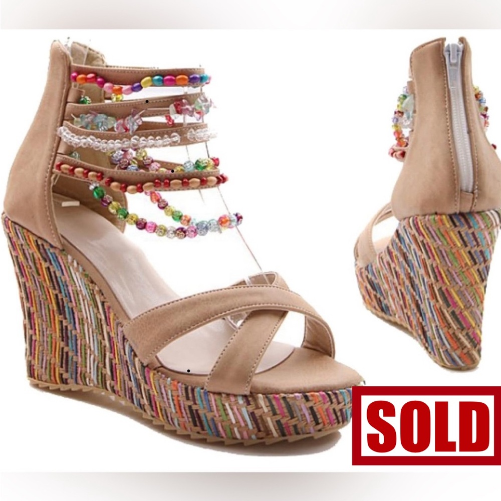 Boho Wedge Sandal Open Toe Cross Strap Zipper Back Platform Size 10